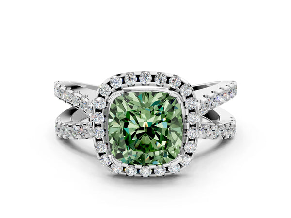 White gold Fancy Green Cushion Cut Diamond Halo Ring with Split Shank Pavé Band and Prong Setting