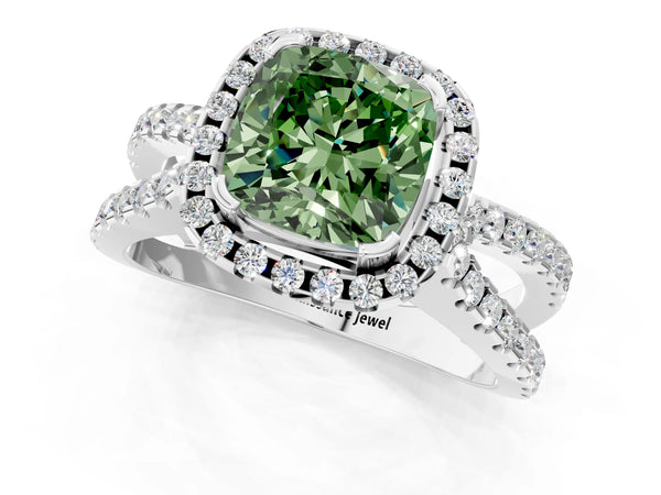 White gold Fancy Green Cushion Cut Diamond Halo Ring with Split Shank Pavé Band and Prong Setting
