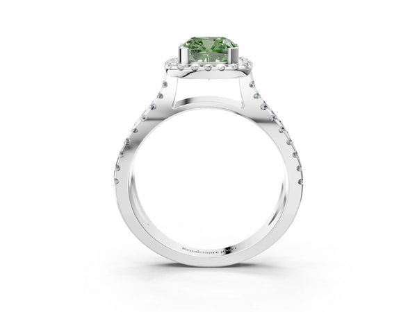 White gold Fancy Green Cushion Cut Diamond Halo Ring with Split Shank Pavé Band and Prong Setting