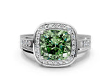 White gold Fancy Green Cushion Cut Diamond Halo Ring with Split Shank and Bezel Accents and Prong Setting