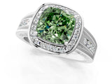 White gold Fancy Green Cushion Cut Diamond Halo Ring with Split Shank and Bezel Accents and Prong Setting_1
