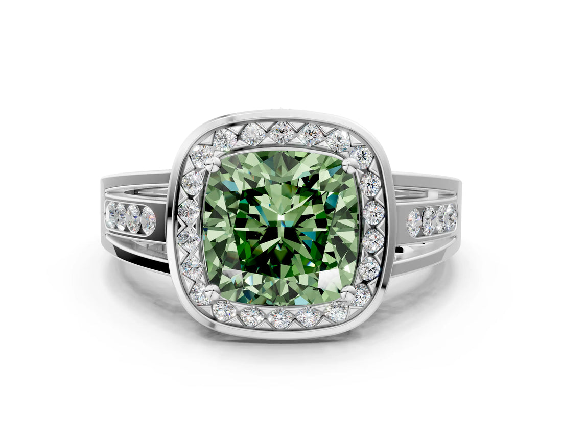 White gold Fancy Green Cushion Cut Diamond Halo Ring with Split Shank and Bezel Accents and Prong Setting