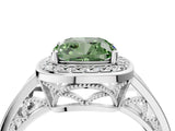 White gold Fancy Green Cushion Cut Diamond Halo Ring with Split Shank and Bezel Accents and Prong Setting_4