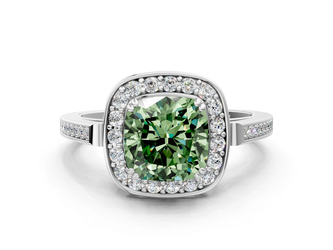 White gold Fancy Green Cushion Cut Diamond Halo Ring with Split Shank and Four-Prong Setting_62