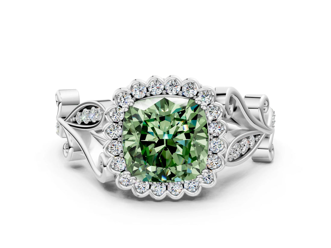 White gold Fancy Green Cushion Cut Diamond Halo Ring with Vintage Split Shank and Four-Prong Setting_91