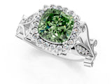 White gold Fancy Green Cushion Cut Diamond Halo Ring with Vintage Split Shank and Four-Prong Setting_92