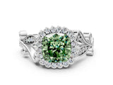 White gold Fancy Green Cushion Cut Diamond Halo Ring with Vintage Split Shank and Four-Prong Setting_95