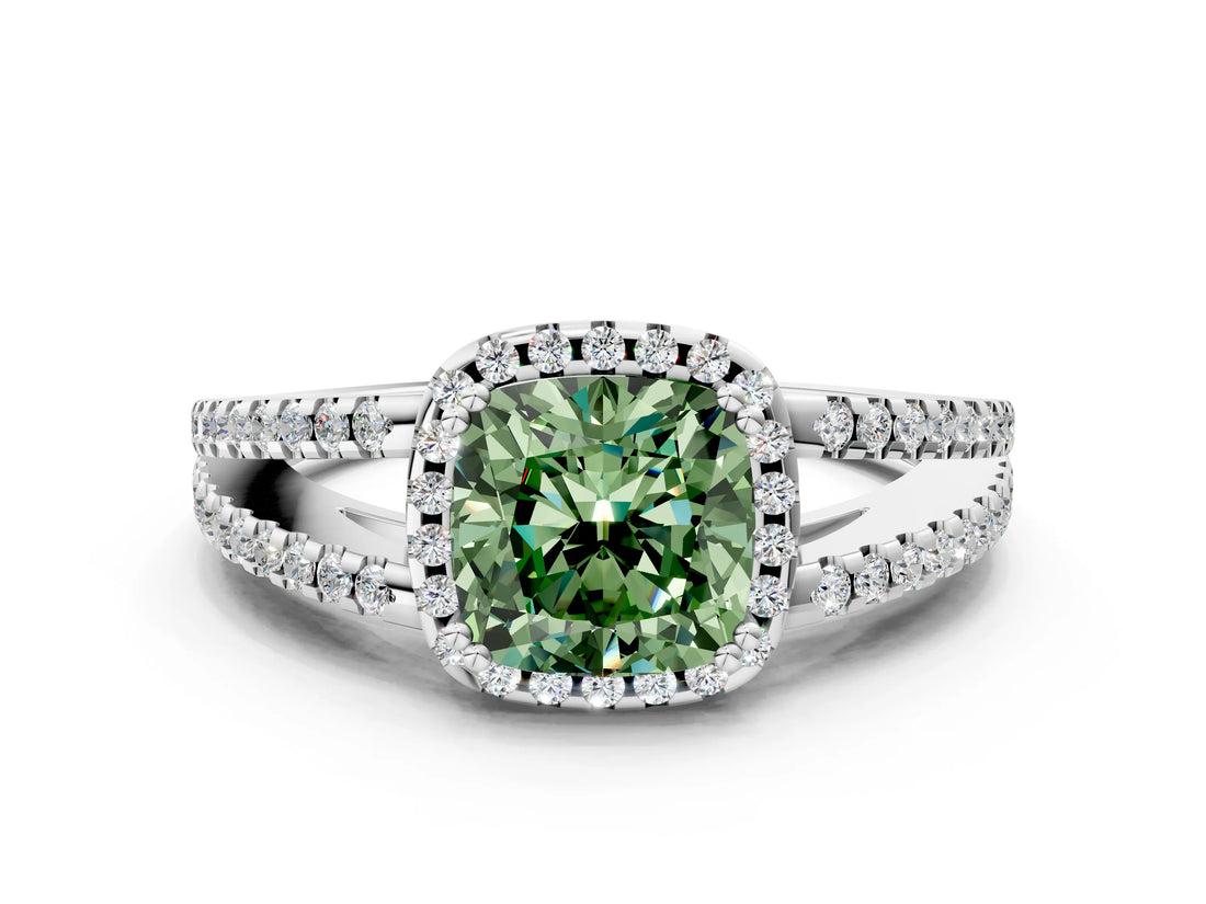 White gold Fancy Green Cushion Cut Diamond Halo Split Shank Engagement Ring_51