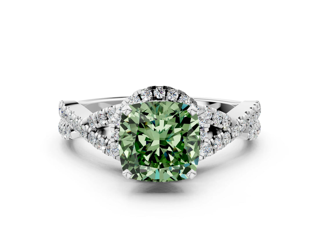 White gold Fancy Green Cushion Cut Diamond  Halo Twist Band Solitaire Prong Setting Ring_57