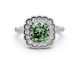 White gold Fancy Green Cushion  Cut Diamond Milgrain Floral Halo Engagement Ring with Pavé Band_15
