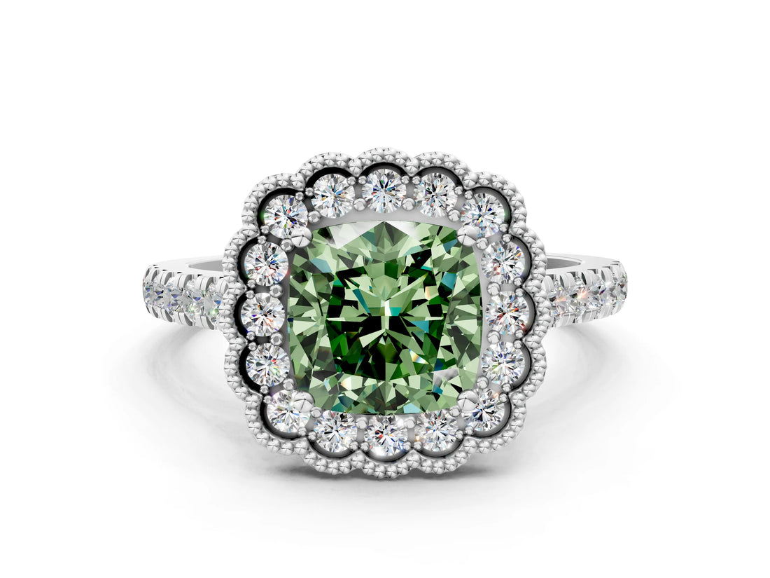 White gold Fancy Green Cushion  Cut Diamond Milgrain Floral Halo Engagement Ring with Pavé Band_15