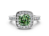 White gold Fancy Green Cushion Cut Diamond Milgrain Halo Engagement Ring with Round Pavé Band and Prong Setting_12