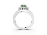 White gold Fancy Green Cushion Cut Diamond Milgrain Halo Engagement Ring with Round Pavé Band and Prong Setting_15