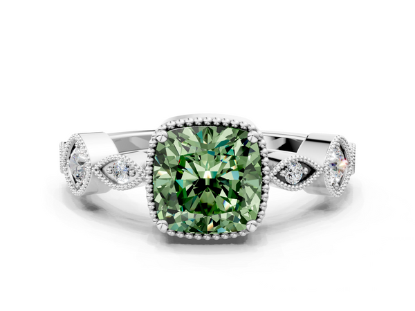 Platinum Fancy Green Cushion  Cut Diamond Milgrain Marquise Band with Prong Setting