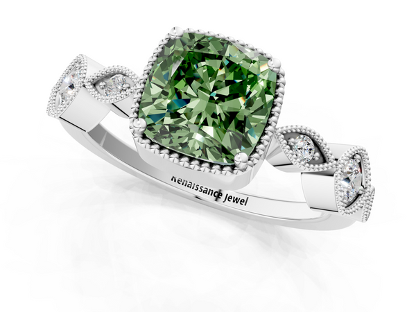 Platinum Fancy Green Cushion  Cut Diamond Milgrain Marquise Band with Prong Setting