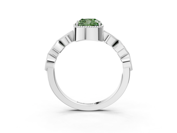 Platinum Fancy Green Cushion  Cut Diamond Milgrain Marquise Band with Prong Setting