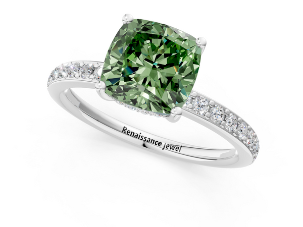 White gold Fancy Green Cushion  Cut Diamond Pavé Band Ring with Four-Prong Setting