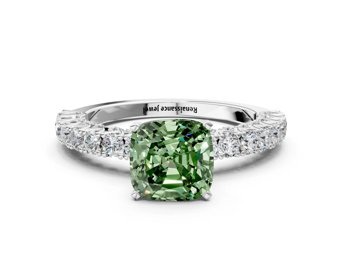 White gold Fancy Green Cushion Cut Diamond Pavé Band Solitaire Ring with Prong Setting_74