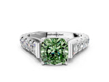 White gold Fancy Green Cushion  Cut Diamond Pavé Band Solitaire with Four-Prong Setting_15