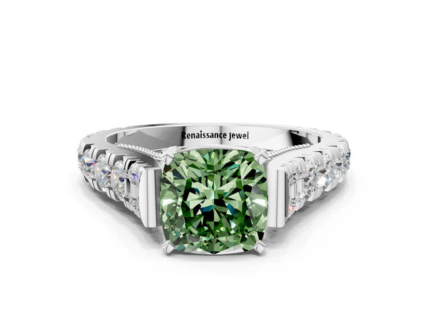 Platinum Fancy Green Cushion Cut Diamond Classic Solitaire Ring with Pavé Band and Four-Prong Setting