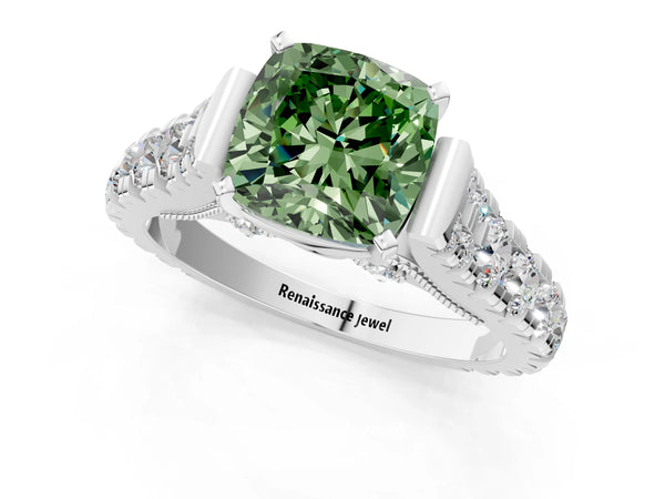 Platinum Fancy Green Cushion Cut Diamond Classic Solitaire Ring with Pavé Band and Four-Prong Setting