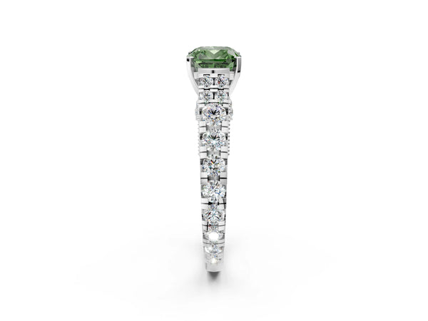 Platinum Fancy Green Cushion Cut Diamond Classic Solitaire Ring with Pavé Band and Four-Prong Setting