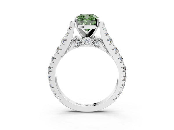 Platinum Fancy Green Cushion Cut Diamond Classic Solitaire Ring with Pavé Band and Four-Prong Setting