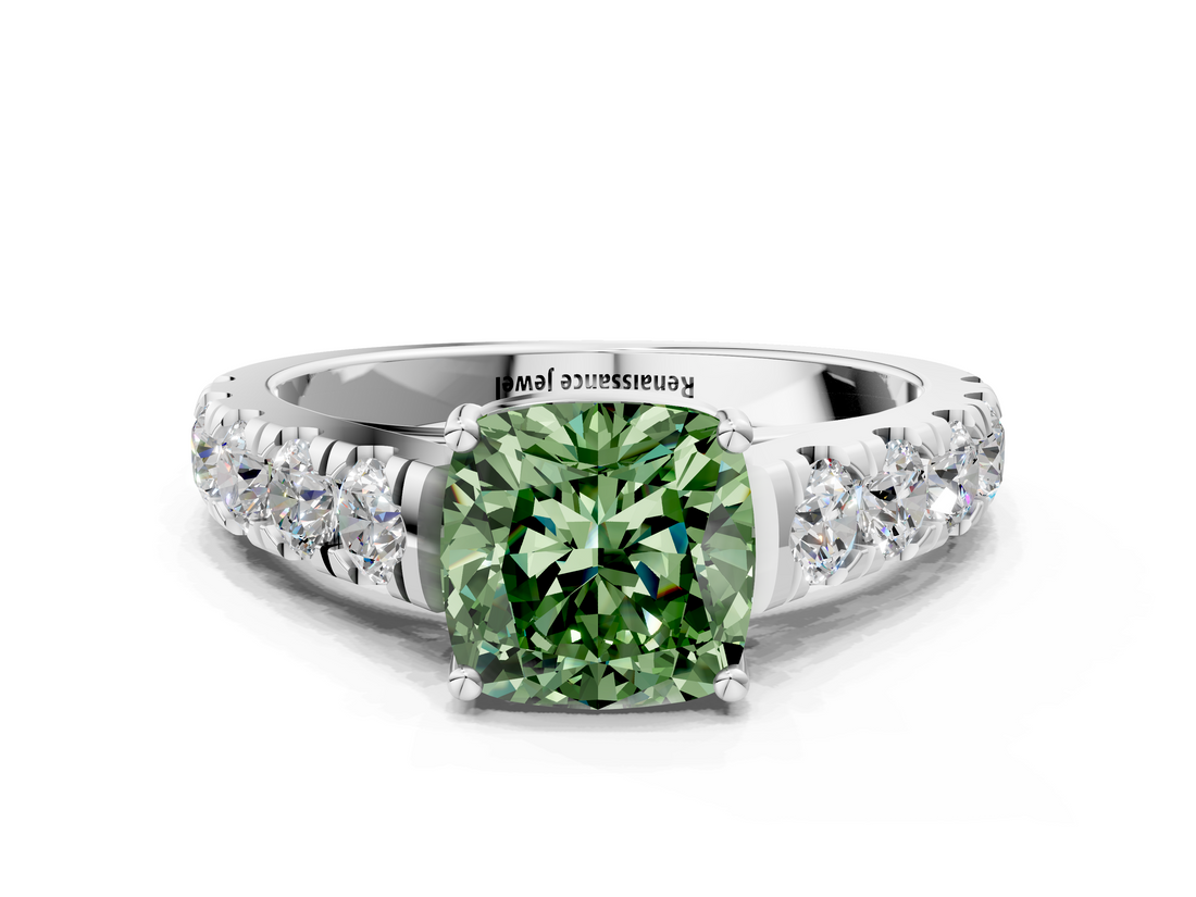 White gold Fancy Green Cushion  Cut Diamond Pavé Band Solitaire with Four-Prong Setting_3