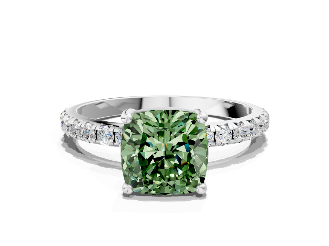White gold Fancy Green Cushion  Cut Diamond Pavé Band Solitaire with Four-Prong Setting_3