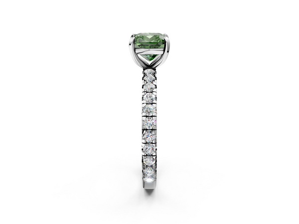 Platinum Fancy Green Cushion  Cut Diamond Pavé Band with Four-Prong Setting