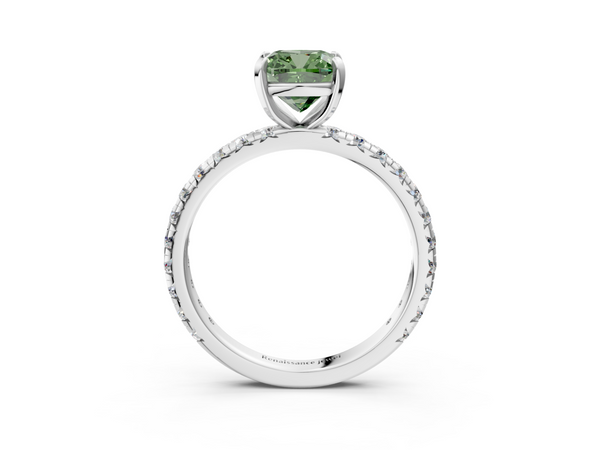 Platinum Fancy Green Cushion  Cut Diamond Pavé Band with Four-Prong Setting