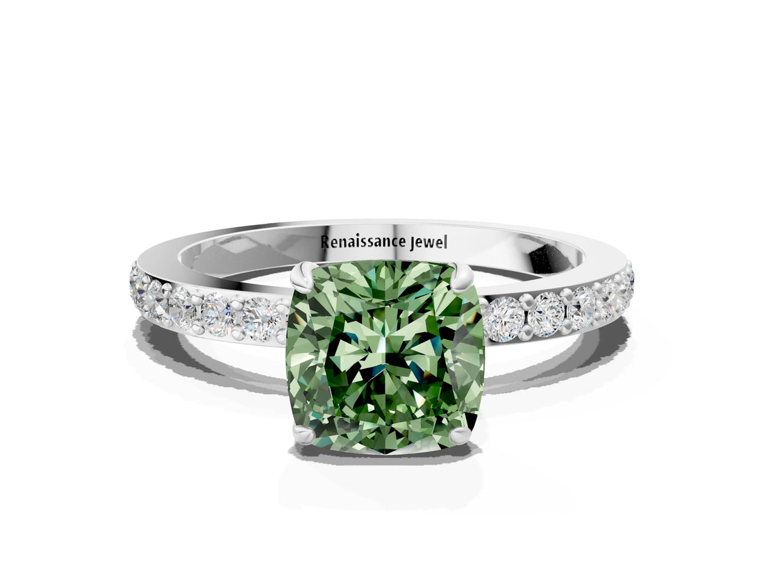 White gold Fancy Green Cushion Cut Diamond Pavé Engagement Ring with Round  Accents and Prong Setting_125