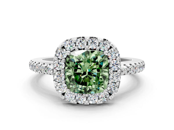 Platinum Fancy Green Cushion Cut Diamond Pavé Halo Ring with Four-Prong Setting