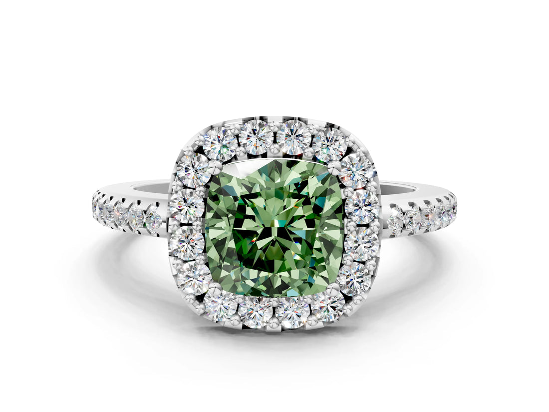 White gold Fancy Green Cushion Cut Diamond Pavé Halo Ring with Four-Prong Setting_48