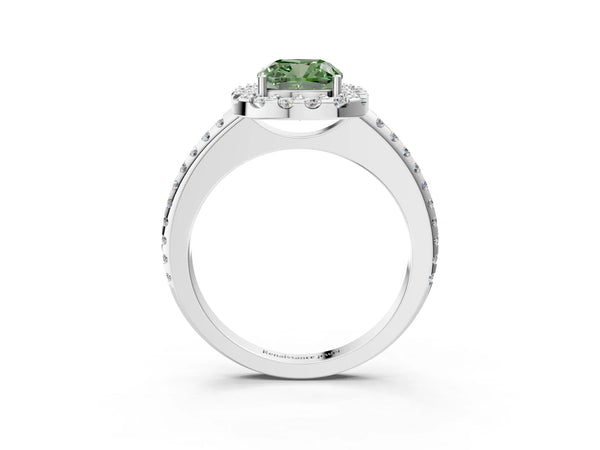 Platinum Fancy Green Cushion Cut Diamond Pavé Halo Ring with Four-Prong Setting