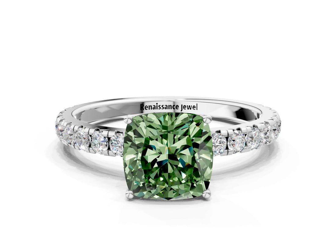 White gold Fancy Green Cushion Cut Diamond Pavé Solitaire Engagement Ring with Four-Prong Setting_96
