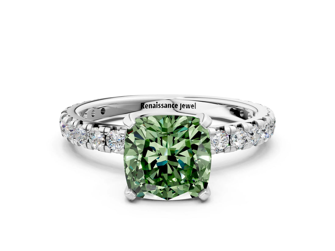 White gold Fancy Green Cushion Cut Diamond Pavé Solitaire Ring with Round Band and Prong Setting_12