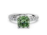 White gold Fancy Green Cushion Cut Diamond Pavé Solitaire Ring with Round Band and Prong Setting_12