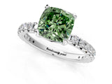 White gold Fancy Green Cushion Cut Diamond Pavé Solitaire Ring with Round Band and Prong Setting_37