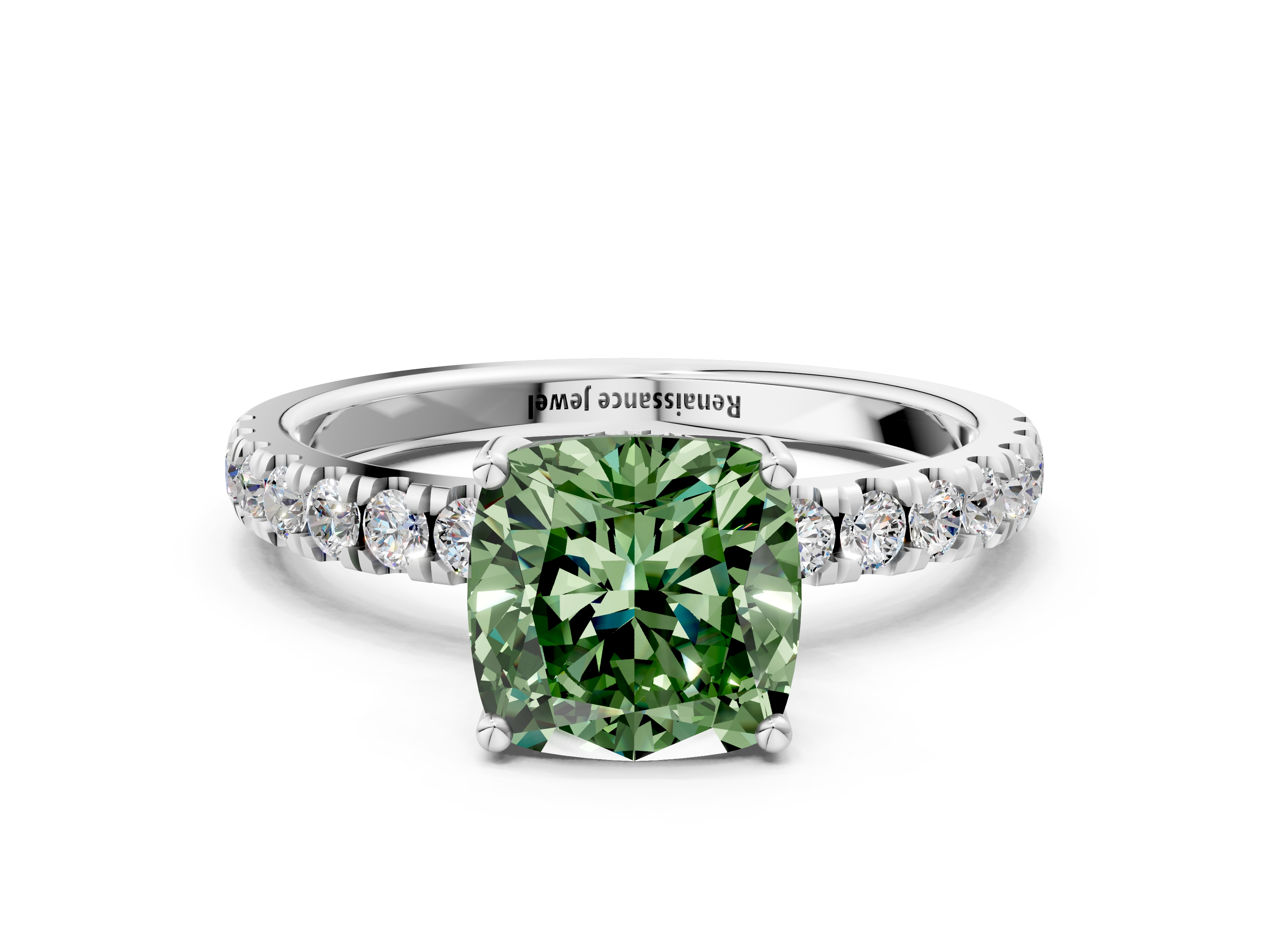White gold Fancy Green Cushion  Cut Diamond Pave Band Solitaire Ring with Four-Prong Setting_24
