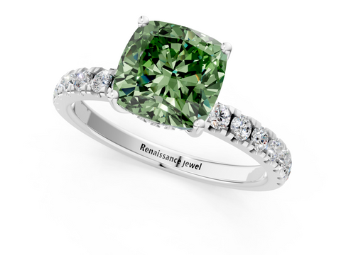 White gold Fancy Green Cushion  Cut Diamond Pave Band Solitaire Ring with Four-Prong Setting_25