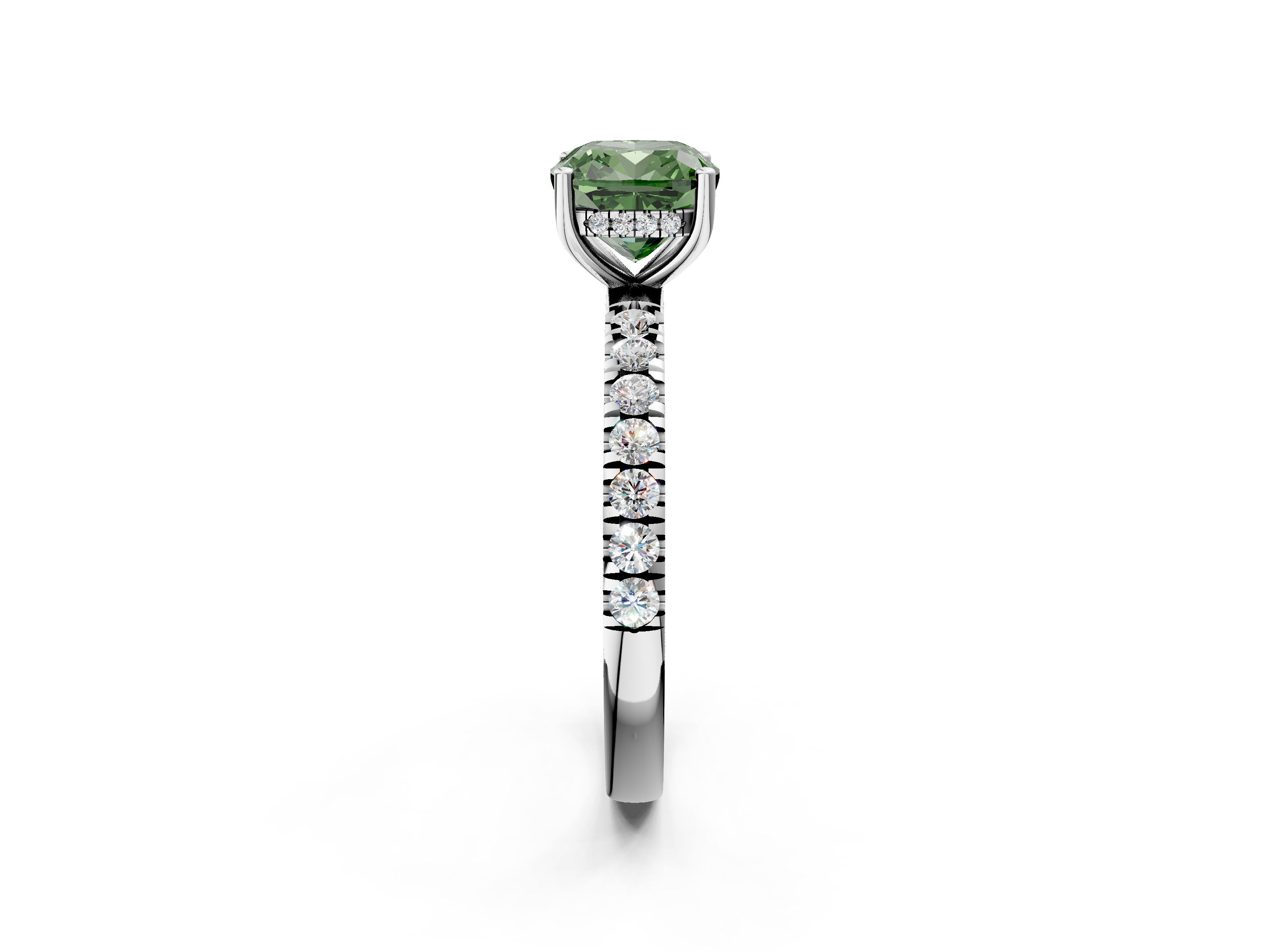 White gold Fancy Green Cushion  Cut Diamond Pave Band Solitaire Ring with Four-Prong Setting_26