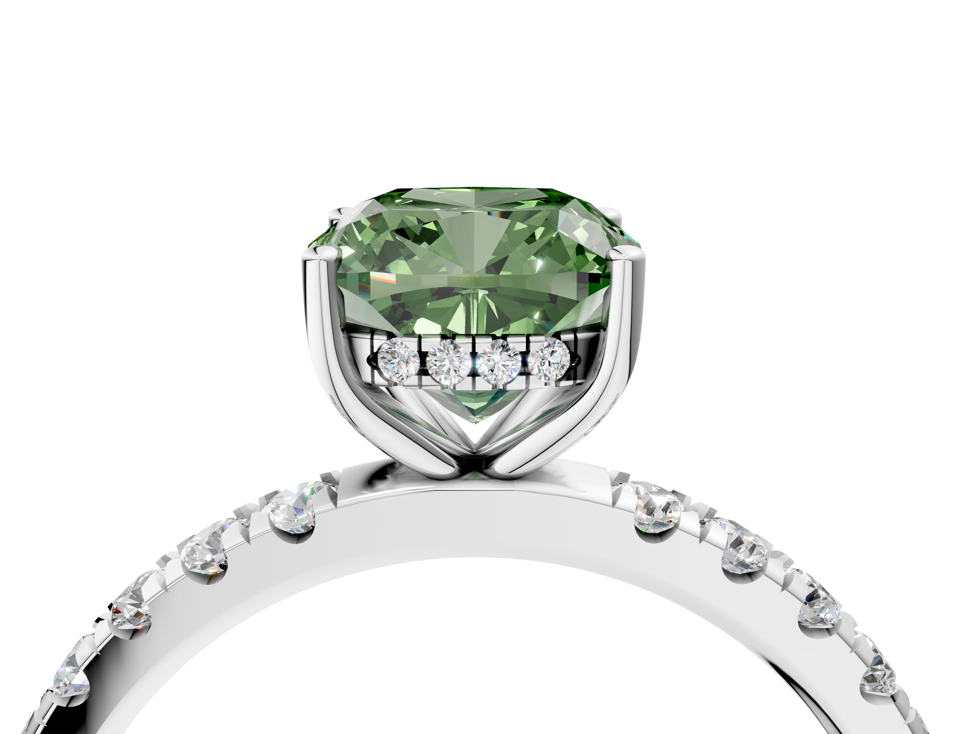 White gold Fancy Green Cushion  Cut Diamond Pave Band Solitaire Ring with Four-Prong Setting_26