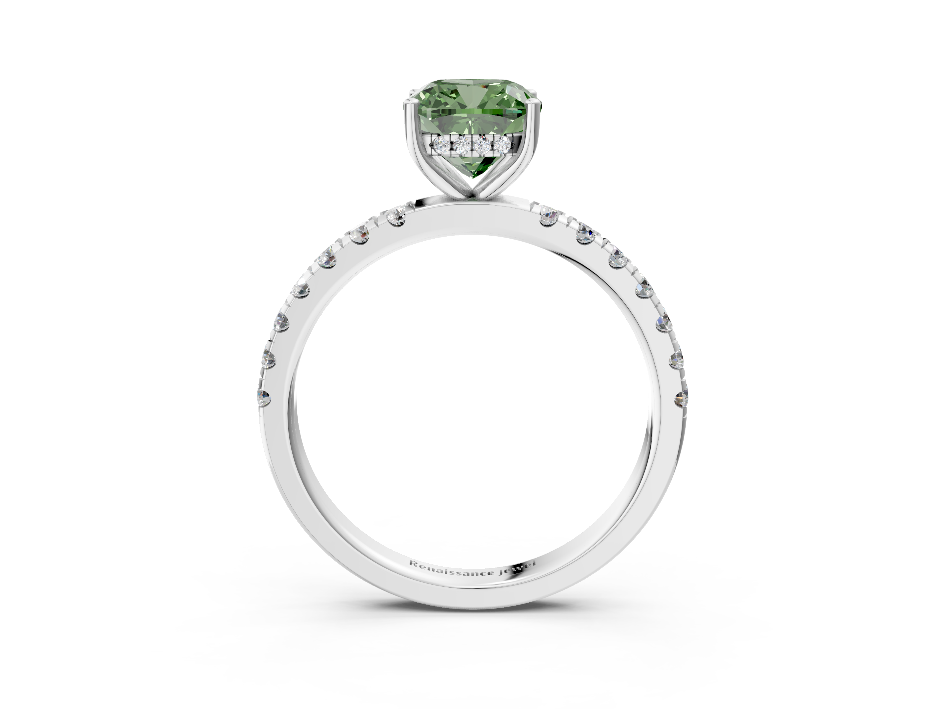 White gold Fancy Green Cushion  Cut Diamond Pave Band Solitaire Ring with Four-Prong Setting_27