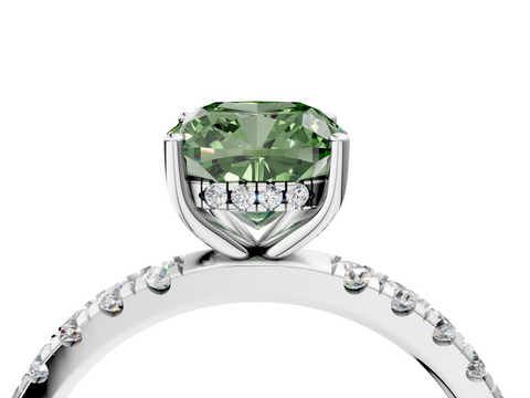 White gold Fancy Green Cushion  Cut Diamond Pave Band Solitaire Ring with Four-Prong Setting_28