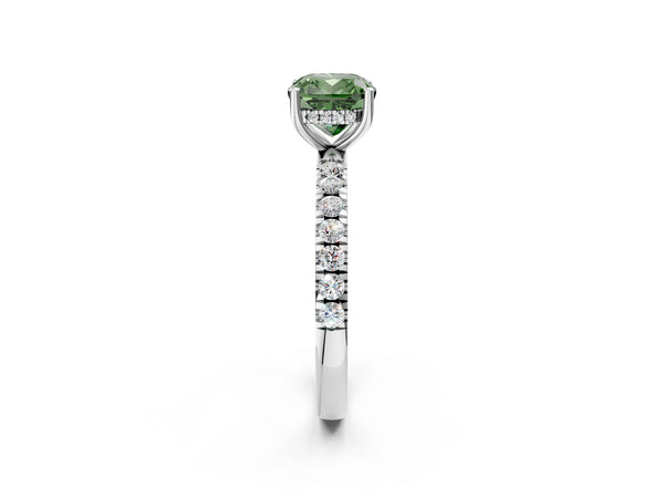White gold Fancy Green Cushion Cut Diamond Pave Band Solitaire Ring with Round  and Prong Setting