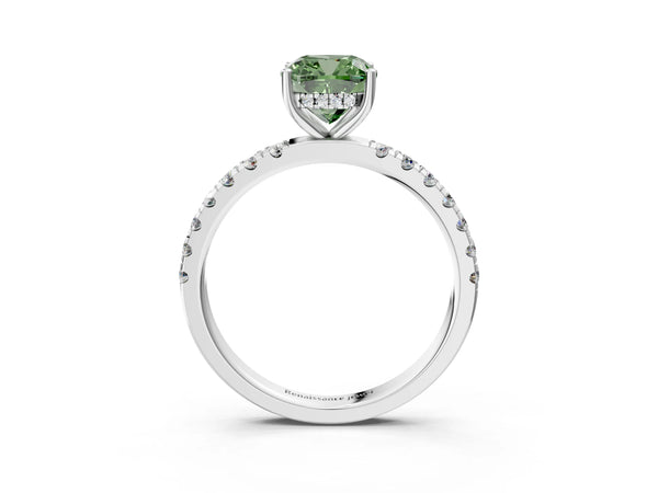 White gold Fancy Green Cushion Cut Diamond Pave Band Solitaire Ring with Round  and Prong Setting