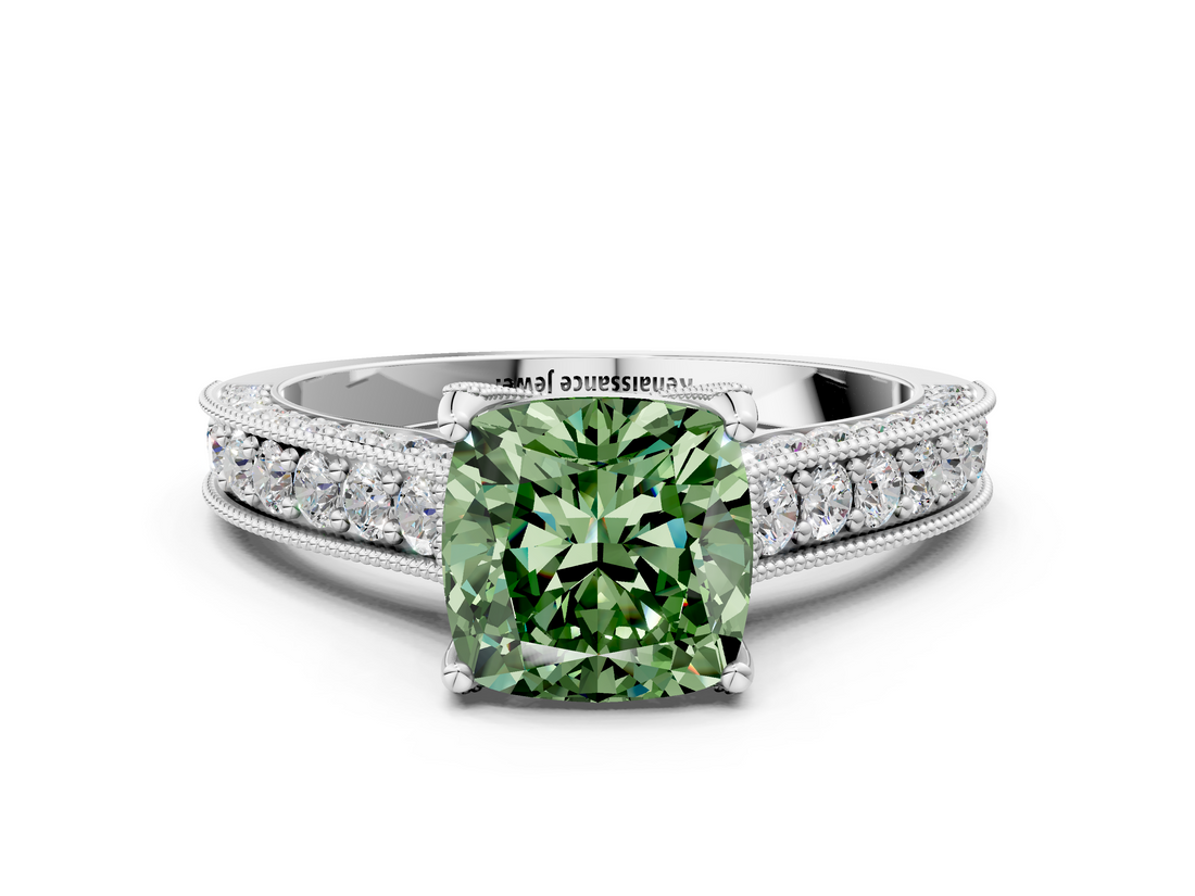 White gold Fancy Green Cushion  Cut Diamond Pave Band with Four-Prong Setting_20