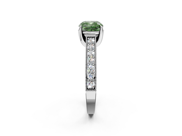 White gold Fancy Green Cushion  Cut Diamond Solitaire Ring with Milgrain Pave Band and Four Prong Setting