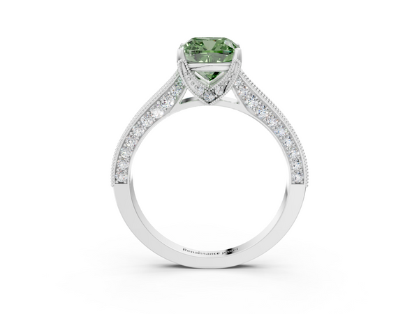 White gold Fancy Green Cushion  Cut Diamond Solitaire Ring with Milgrain Pave Band and Four Prong Setting